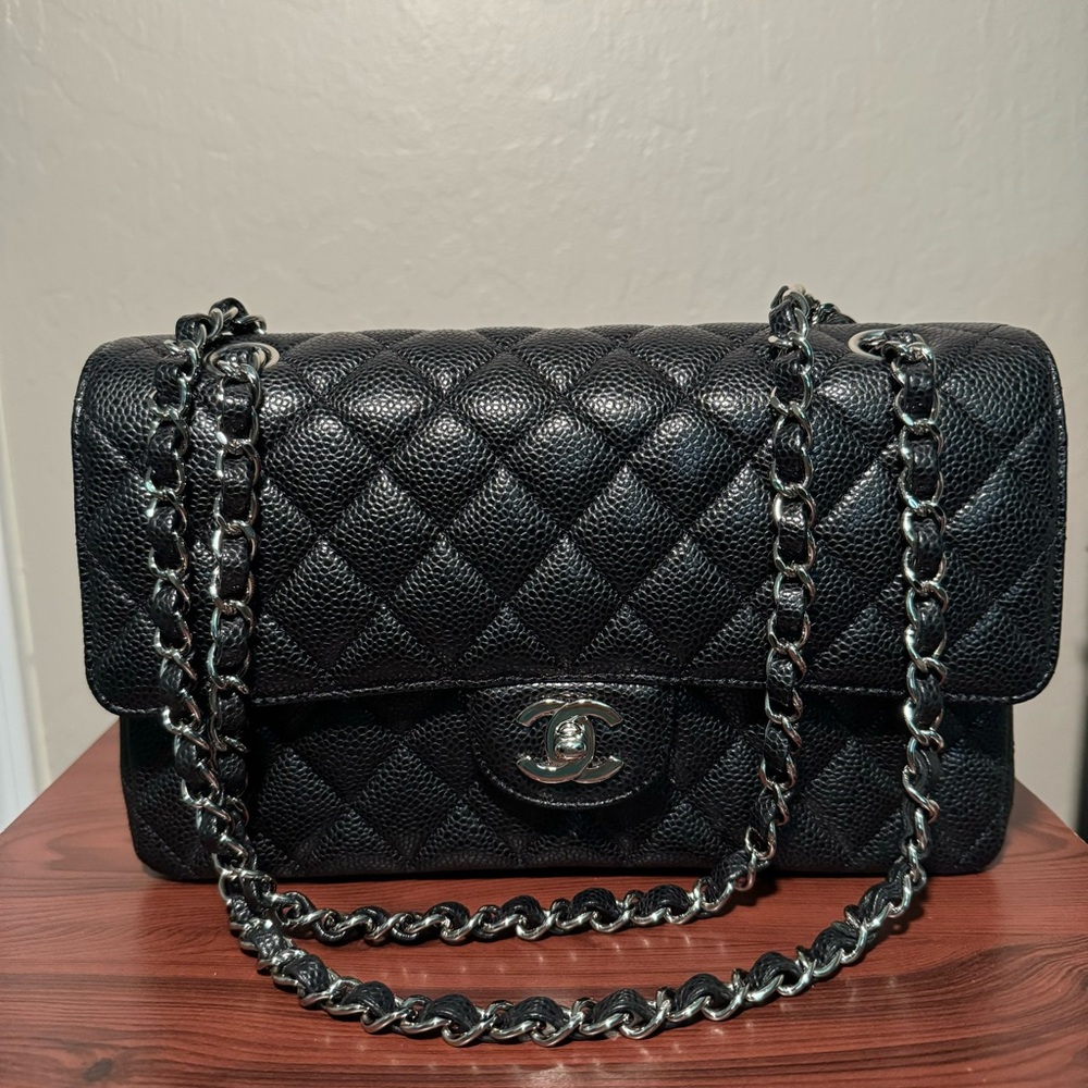 CHANEL Caviar Quilted Medium Double Flap in Black with Silver Hardware